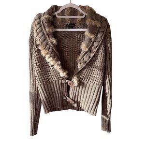 Cartise Taupe Rabbit Fur Trim Cardigan Size M Neutral Luxury Knit Textured Cozy